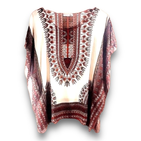 A’GACI Tops - AGACI Vintage Sheer Caftan Top brown rust in a Tribal print One Size